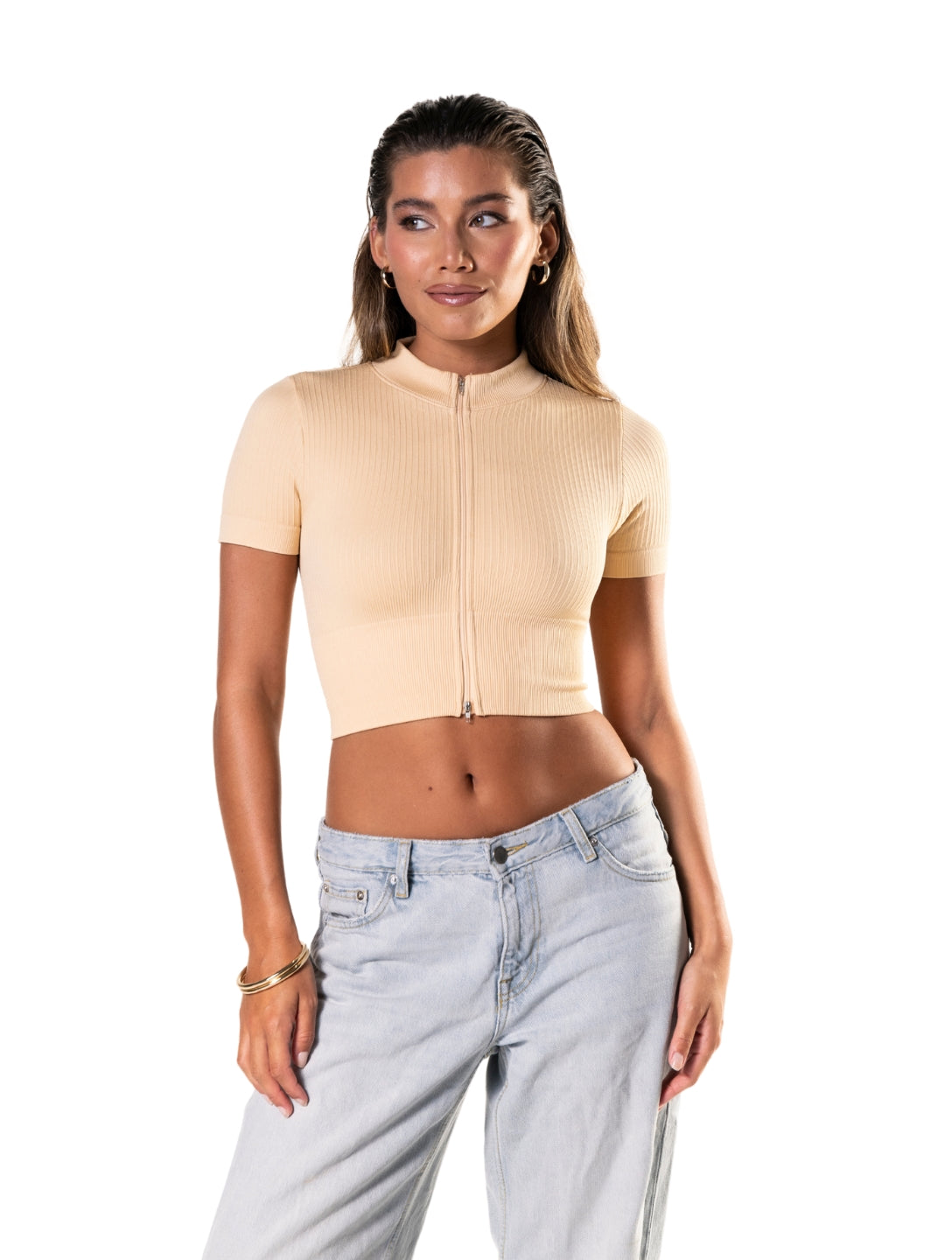 Seamless Ribbed Zip-Front Short Sleeve Crop Top - AuranovaWear