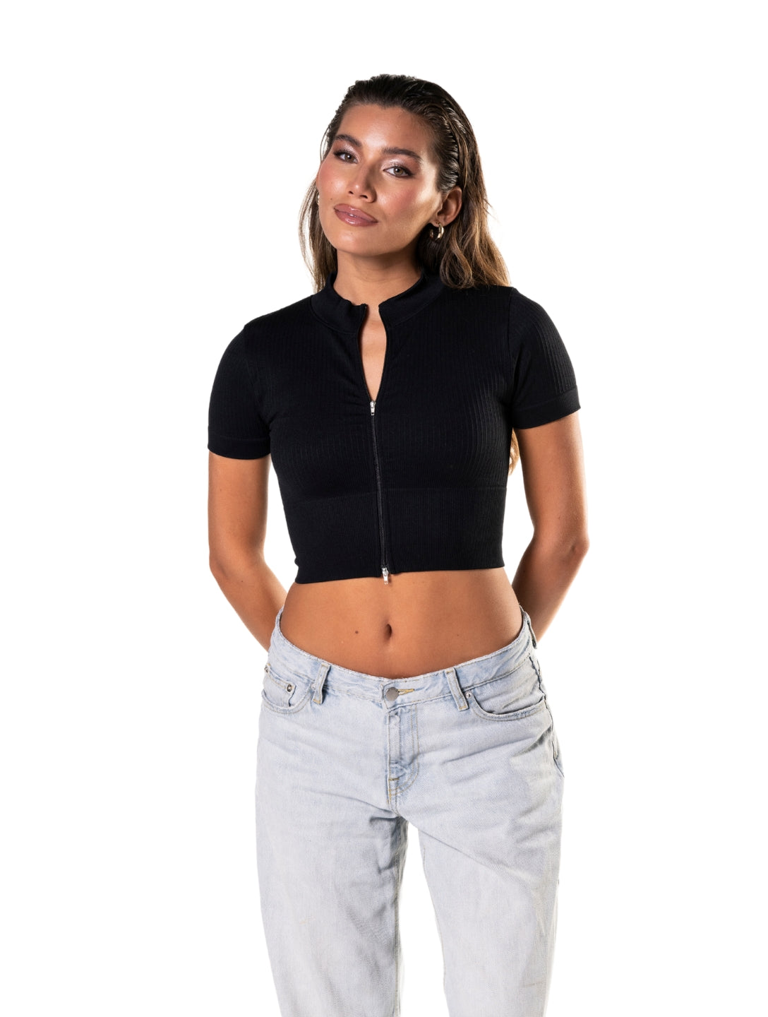 Seamless Ribbed Zip-Front Short Sleeve Crop Top - AuranovaWear