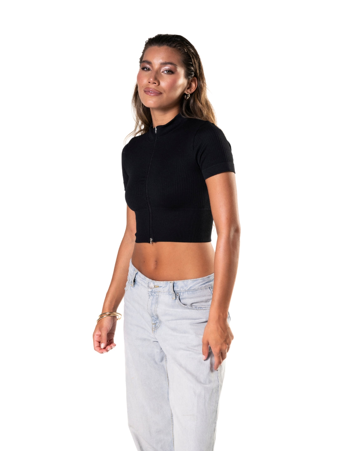 Seamless Ribbed Zip-Front Short Sleeve Crop Top - AuranovaWear