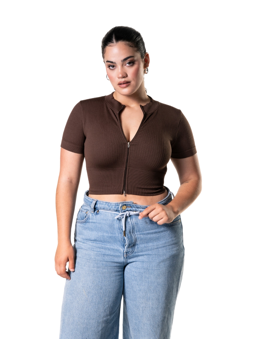 Seamless Ribbed Zip-Front Short Sleeve Crop Top - AuranovaWear