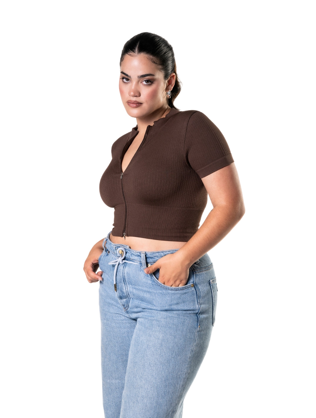 Seamless Ribbed Zip-Front Short Sleeve Crop Top - AuranovaWear
