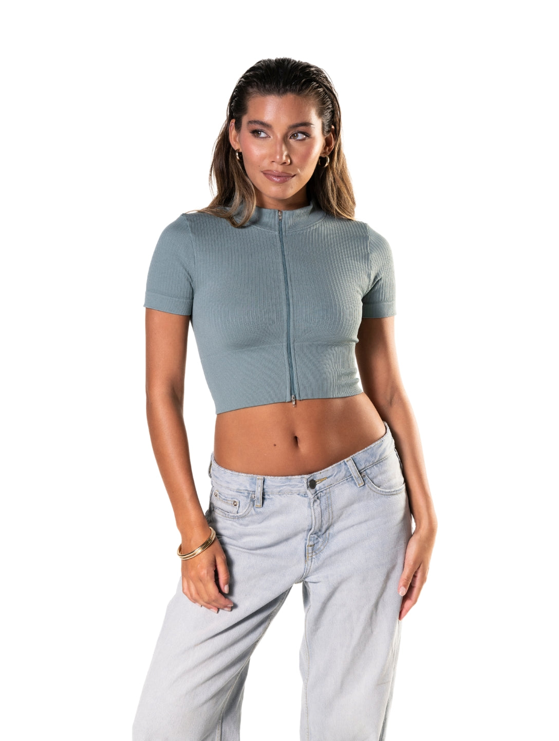Seamless Ribbed Zip-Front Short Sleeve Crop Top - AuranovaWear