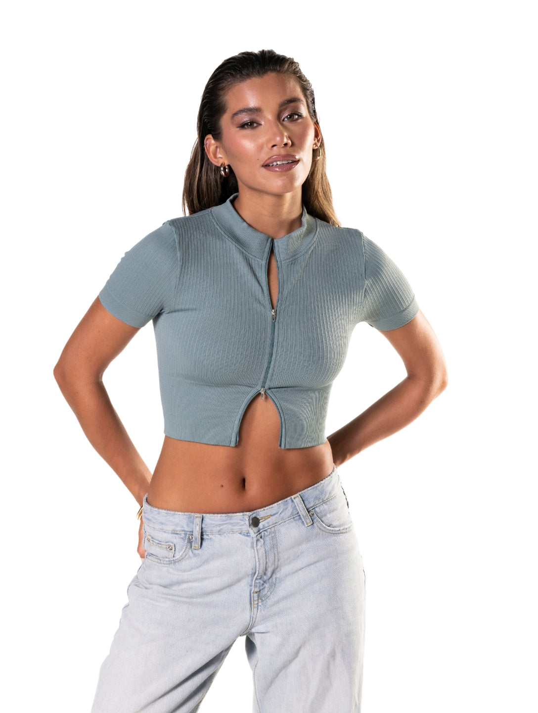 Seamless Ribbed Zip-Front Short Sleeve Crop Top - AuranovaWear