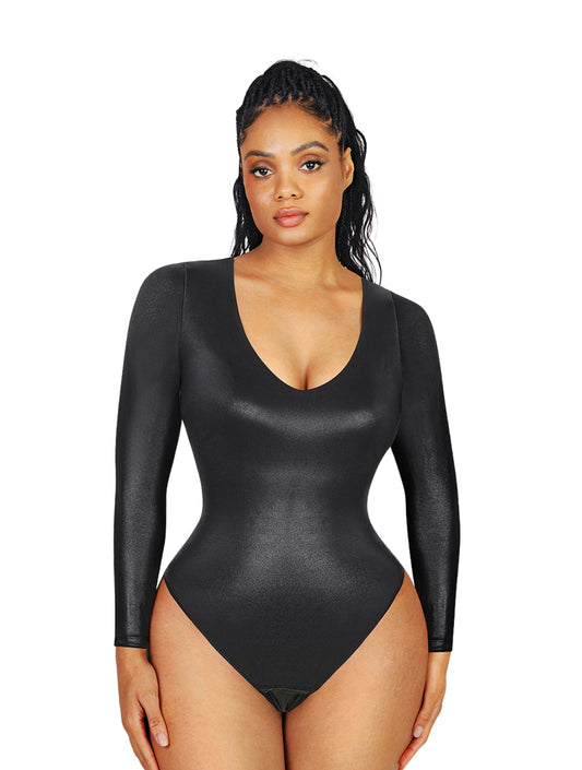 Leather Look Long Sleeve Bodysuit