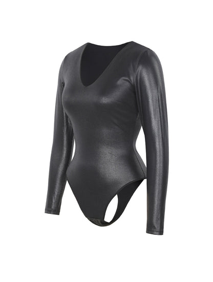 Leather Look Long Sleeve Bodysuit - AuranovaWear